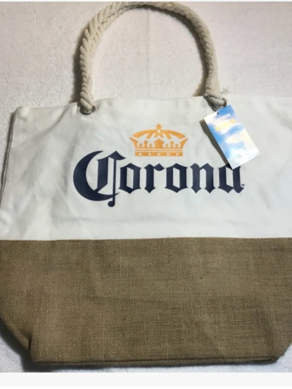 Officially Licensed Corona Beer Beach Summer Burlap Tote Bag NWTs Rope Handle